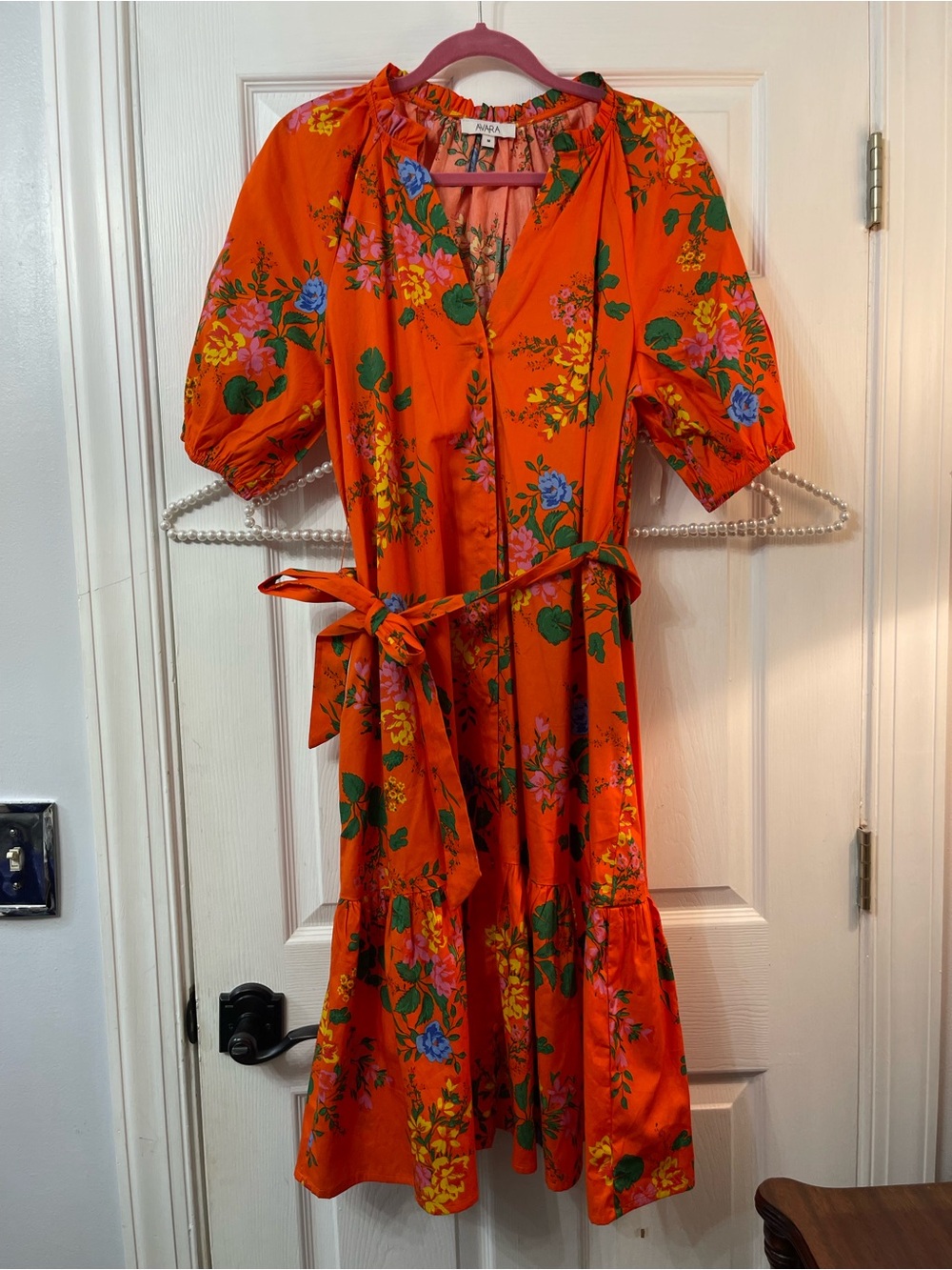 Women's Floral Midi Dress with Self Tie — Orange